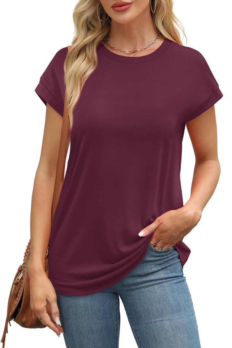 Alaroo Red Shirt Womens Summer Shirts Cap Sleeve Tunics Loose Fit Tops Plain Burgundy XXL - Image 2