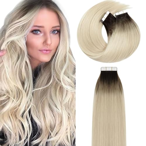 Lacer Tape in Hair Extensions Human Hair Dip Dyed Balayage R260 Darker Brown to Platinum Blonde Seamless PU Skin Weft Hair Extensions Real Human Hair Tape in Double Side 50g 20pcsset 18 Inch