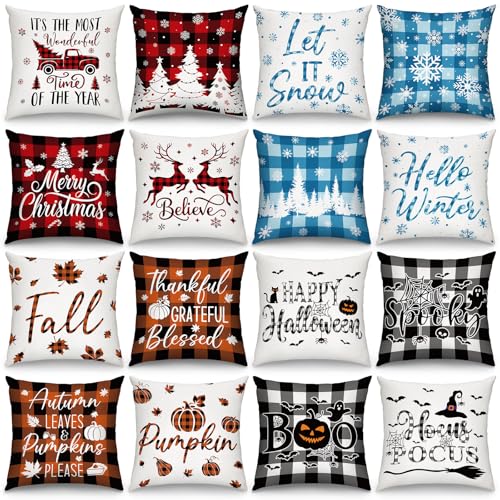 GlikCeil Set of 16 Christmas Pillow Covers 18 x 18 Inch Holiday Throw Pillow Covers Halloween Fall Winter Seasonal Pillowcases Decorative Cushion Pillowcases for Farmhouse Home Couch Sofa Decor - Image 1