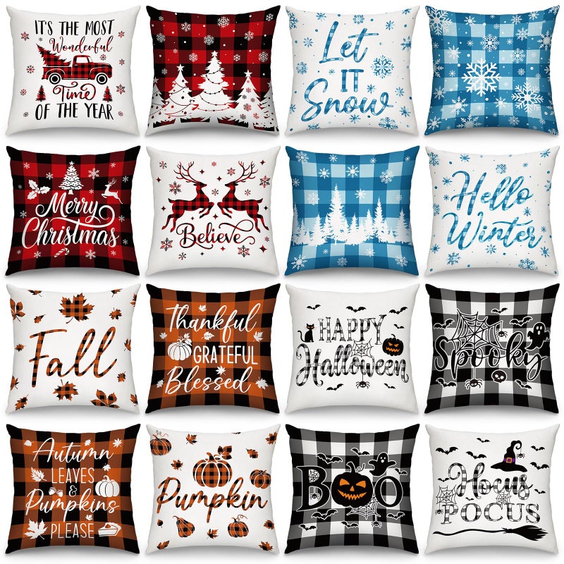 GlikCeil Set of 16 Christmas Pillow Covers 18 x 18 Inch Holiday Throw Pillow Covers Halloween Fall Winter Seasonal Pillowcases Decorative Cushion Pillowcases for Farmhouse Home Couch Sofa Decor - Image 2