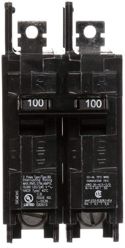 Siemens BQ2B100 100Amp Double Pole 120240Volt 10KAIC Lug InLug Out Breaker