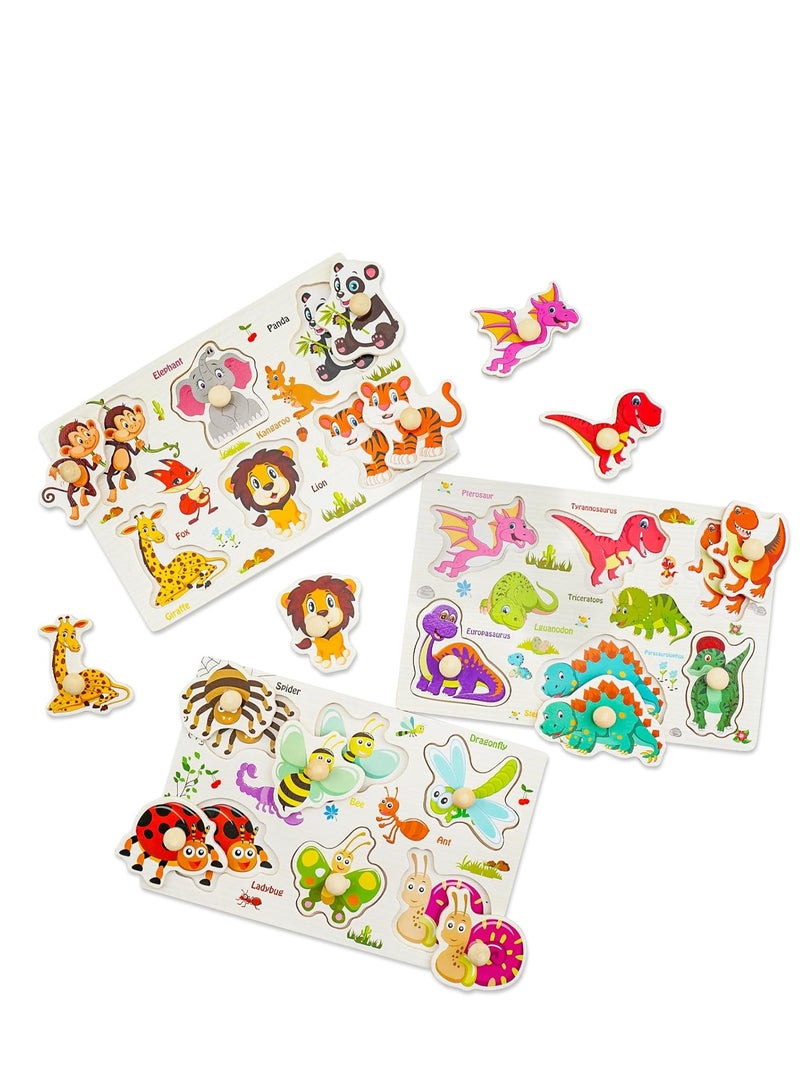 SYOSI Wooden Peg Puzzles for Kid Color Montessori Puzzles Toy Animal Dinosaur Insect Educational Preschool Matching Toy Toddlers Motor Skill Early Learning Gift for Birthday 3 Pack - Image 1