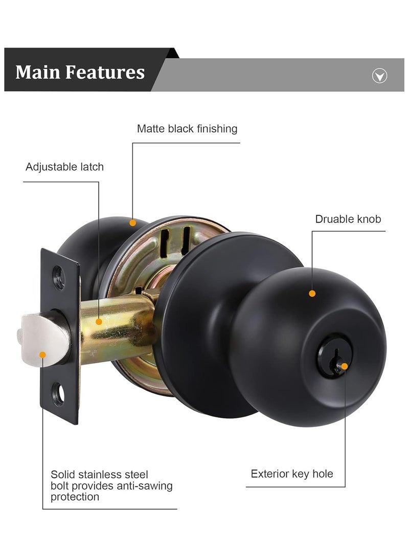 Matte Black Door Knobs with Lock and keys, Interior/Exterior Door Knob for Bedroom or Bathroom, Entry Door Lock - Image 2