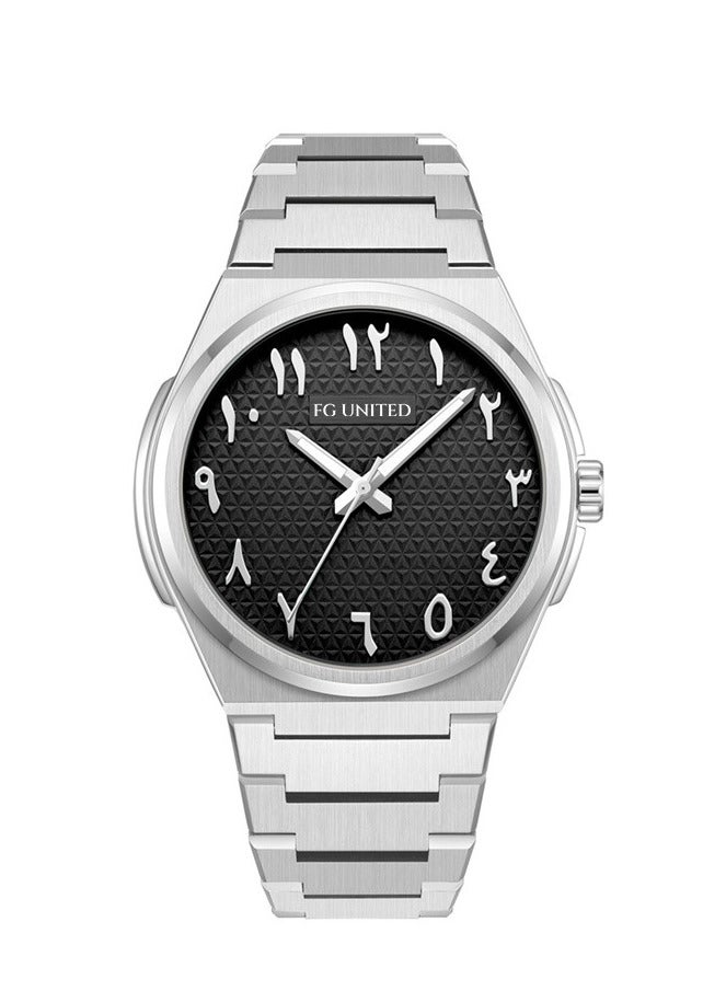 FG UNITED ساعة رجالية بقرص أسود من الفولاذ المقاوم للصدأ مع أرقام عربية 38.5 مم - FG5102