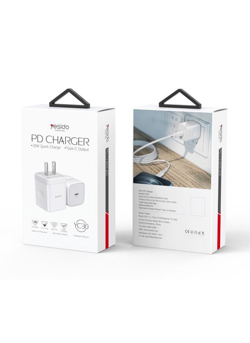 Yesido - Yesido YC30 PD Charger EU/UK Plug PD 20W Type-C Fast Charging Adapter Charger for Mobile Phone - White - Image 1