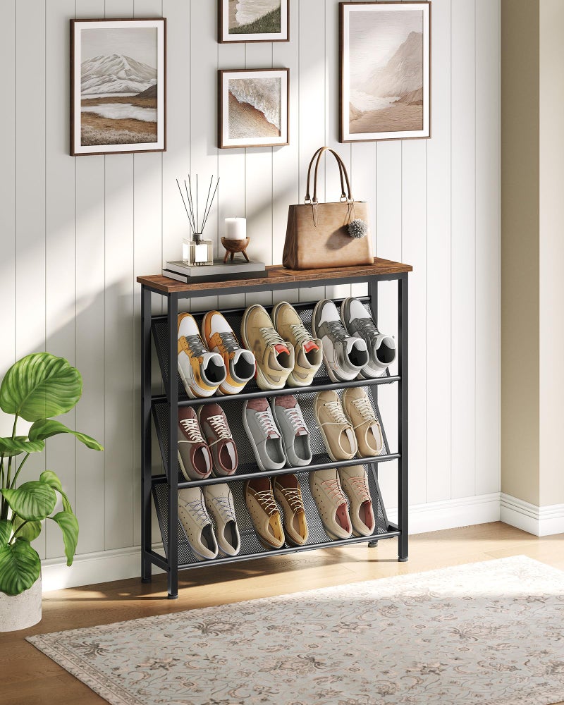 CHOEZON Shoe Rack, 4-Tier Slanted Shoe Storage Shelf, Narrow Shoe Rack for Entryway, Shoe Organizer with Adjustable Feet, Slim Shoe Shelf with Wooden Top and Metal Frame Rustic Brown and Black TXJ75BF - Image 5