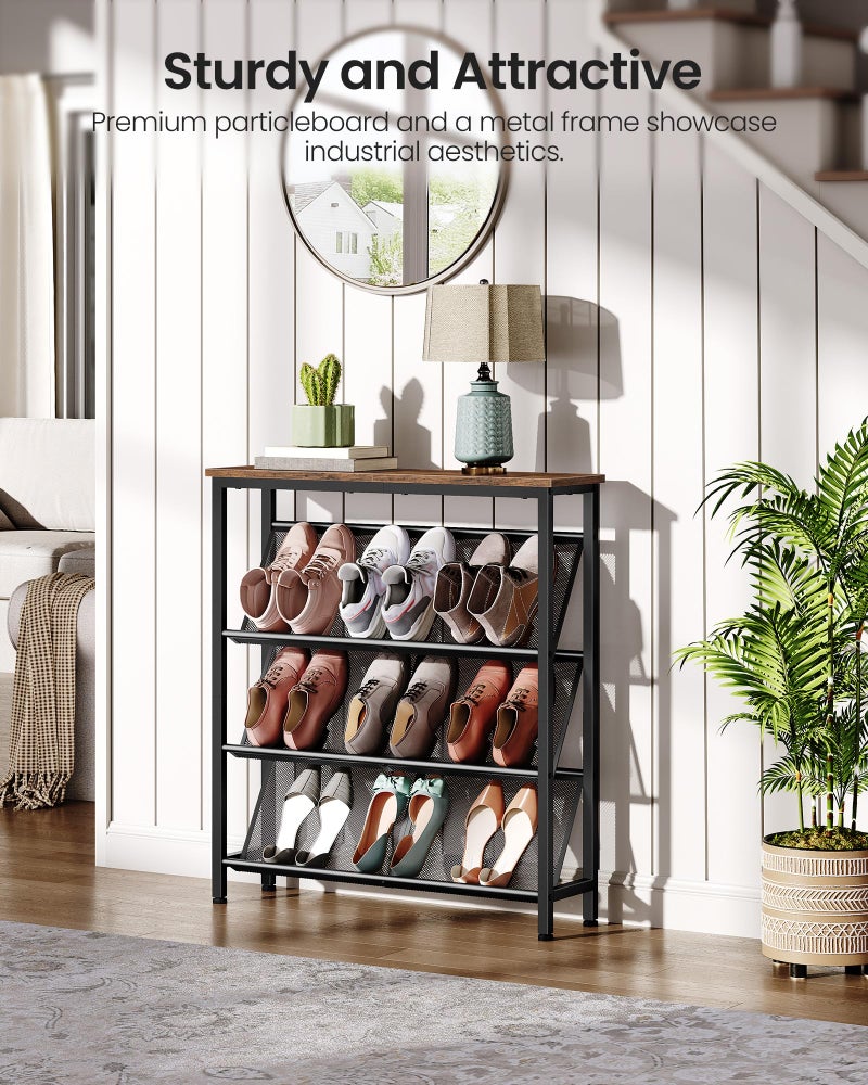 CHOEZON Shoe Rack, 4-Tier Slanted Shoe Storage Shelf, Narrow Shoe Rack for Entryway, Shoe Organizer with Adjustable Feet, Slim Shoe Shelf with Wooden Top and Metal Frame Rustic Brown and Black TXJ75BF - Image 3