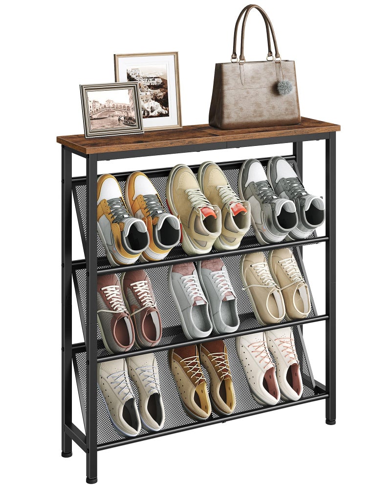 CHOEZON Shoe Rack, 4-Tier Slanted Shoe Storage Shelf, Narrow Shoe Rack for Entryway, Shoe Organizer with Adjustable Feet, Slim Shoe Shelf with Wooden Top and Metal Frame Rustic Brown and Black TXJ75BF - Image 1