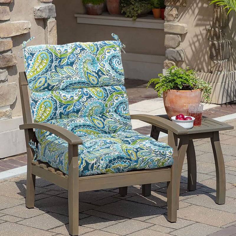 Magpie Fabrics Magpie Fabrics Indoor Outdoor Tufted High Back Chair Cushion Set of 2 Waterproof AllWeather Deep Seating Rocking Chair Patio Chaise Lounge Sun Lounger Chair CushionsPaisley Lapis Green