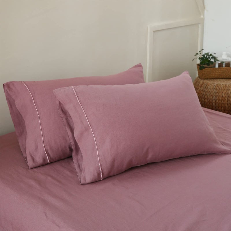 King Linens 100% French Linen Pillowcases with Embroidery - Pack of 2 - Washed Solid Color Natural Flax Soft Breathable - Purple  20'' x 40''