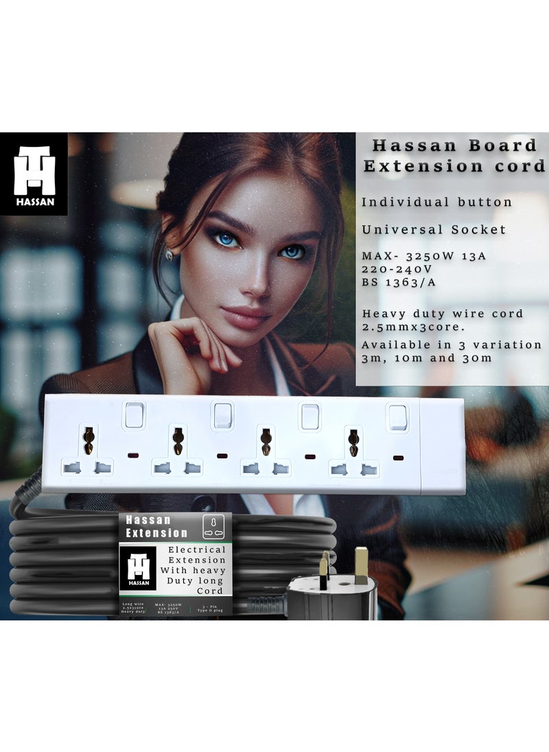Hassan Hassan Heavy Duty Power Extension Board with Universal Sockets, Long Cable Options, Durable & Safe Power Strip for Home and Office  - Image 3