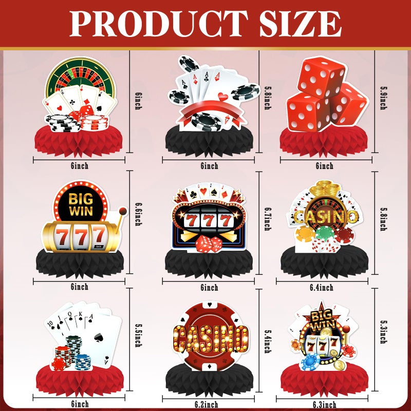 KSKSPE Casino Theme Party Decorations,9 PCS KSKSPE Casino Centerpieces for Tables Honeycomb Centerpieces 3D Casino Theme Party Decor Supplies Boys Girls - Image 2