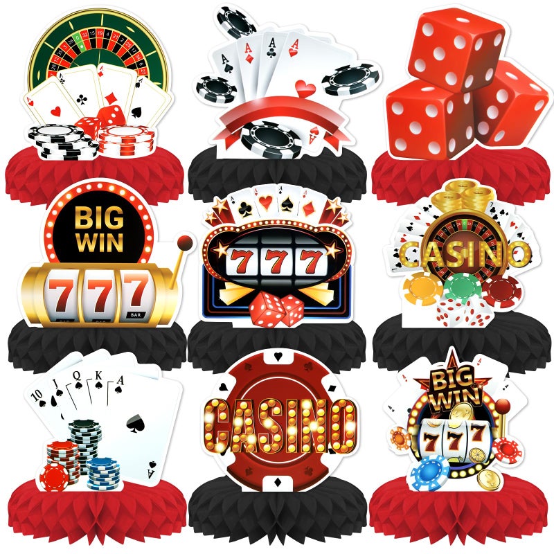 KSKSPE Casino Theme Party Decorations,9 PCS KSKSPE Casino Centerpieces for Tables Honeycomb Centerpieces 3D Casino Theme Party Decor Supplies Boys Girls - Image 1