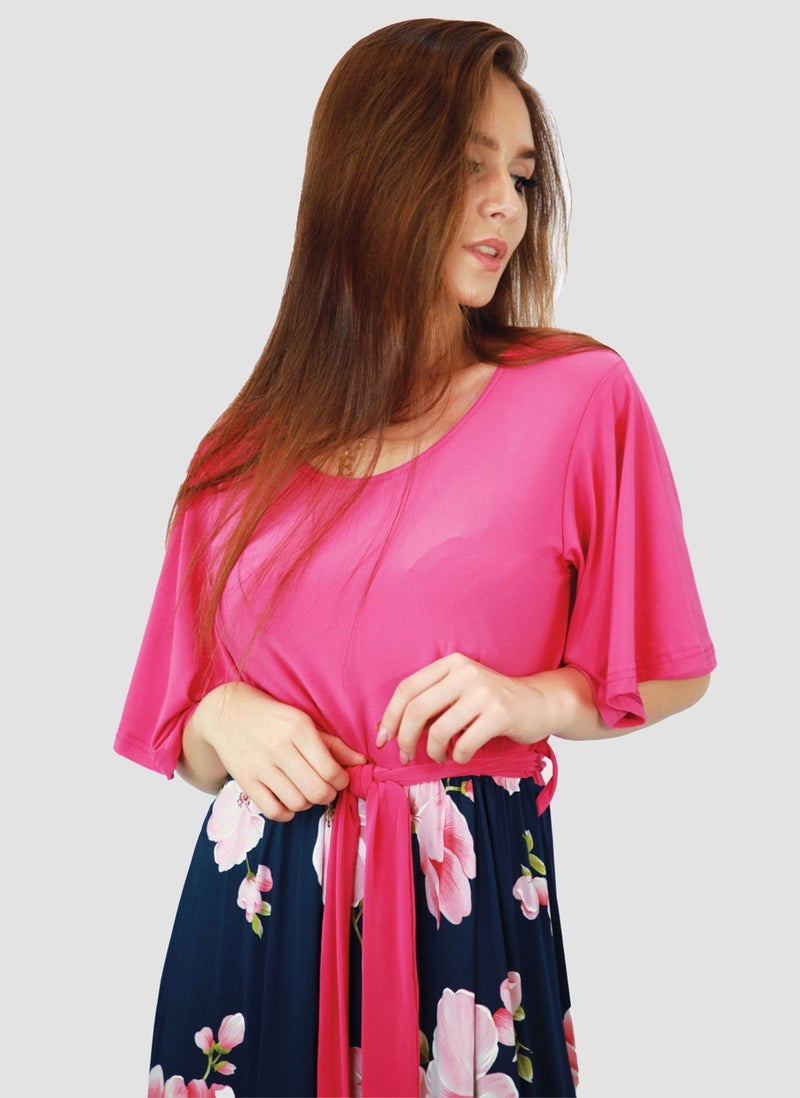 Kidwala Women'S Long Magenta Dress, Red & Floral Colorful Bottom, Horseshoe Neckline Design Dress, Circular Cape Flow Sleeve, Maxi Dress With Belted Waistband, Evening Dress - Image 1