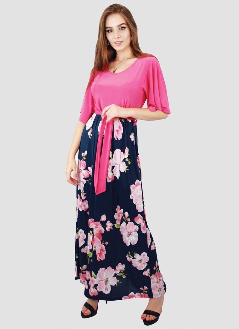 Kidwala Women'S Long Magenta Dress, Red & Floral Colorful Bottom, Horseshoe Neckline Design Dress, Circular Cape Flow Sleeve, Maxi Dress With Belted Waistband, Evening Dress - Image 3