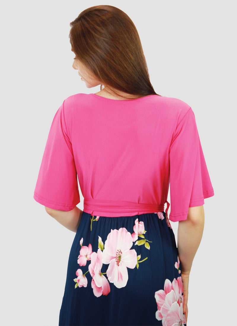 Kidwala Women'S Long Magenta Dress, Red & Floral Colorful Bottom, Horseshoe Neckline Design Dress, Circular Cape Flow Sleeve, Maxi Dress With Belted Waistband, Evening Dress - Image 2