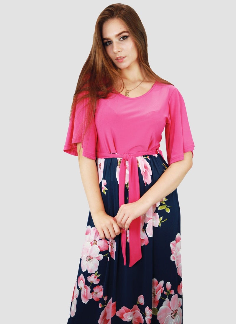 Kidwala Women'S Long Magenta Dress, Red & Floral Colorful Bottom, Horseshoe Neckline Design Dress, Circular Cape Flow Sleeve, Maxi Dress With Belted Waistband, Evening Dress - Image 4