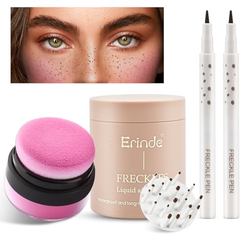 Erinde Natural Freckle Foundation Makeup Kit Liquid Freckle Pen Fake Freckles Stamp Air Cushion Powder Cushion Blush Long Lasting Waterproof Freckles Tattoo Marker for Natural Sunkissed Makeup - Image 1