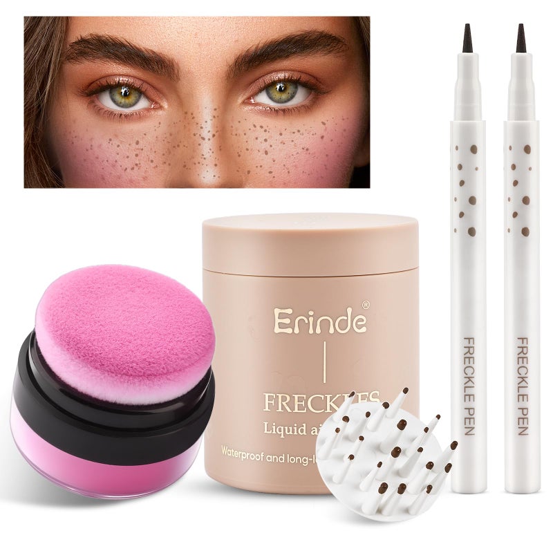 Erinde Natural Freckle Foundation Makeup Kit Liquid Freckle Pen Fake Freckles Stamp Air Cushion Powder Cushion Blush Long Lasting Waterproof Freckles Tattoo Marker for Natural Sunkissed Makeup - Image 3