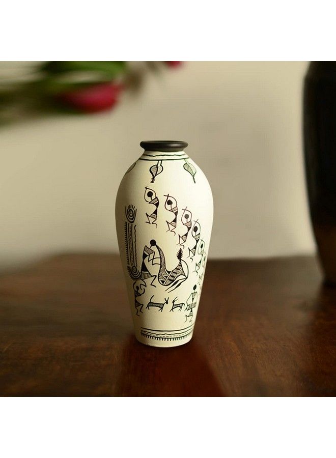 ExclusiveLane مزهرية دائرية من الفخار مع زهور (21.4 سم × 11.8 سم × 11.1 سم، أبيض) - Image 1