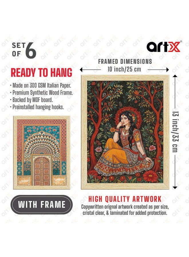 ArtX لوحات فنية هندية مدهباني من ArtX مع إطار لتزيين المنزل، لوحات جدارية لغرفة المعيشة، متعددة الألوان، إطارات بلون الخشب الطبيعي، 10x13 بوصة، مجموعة من 6 - Image 2