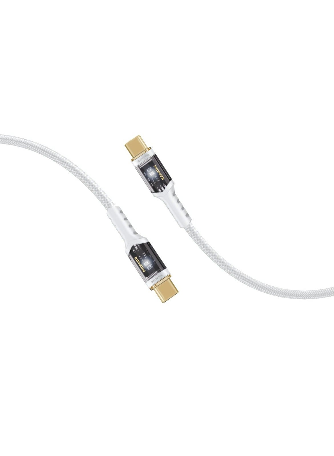 USB-C to USB-C Cable, Fast-Charging 100W Power Delivery Type-C Cable with Transparent Tips, LED, 25000+ Long Bend Lifespan, 480Mbps Data Sync and 200cm Nylon Braided Cord, LucidLine-CC200 White
