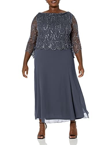 J Kara Women's 3/4 Scallop Beaded Pop Over Gown Dress, Grey/Mercury/Gun, 6 - Image 1