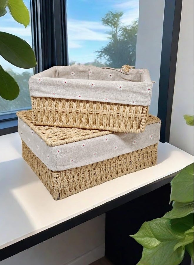 Small Wicker Baskets with Lids Liner Set of 3 Size Paper Rope Woven Decorative Cute Nesting Storage Baskets for Shelves Rectangular Container Bins for Table Snacks Gifts Makeup Organizer Beige - Image 2