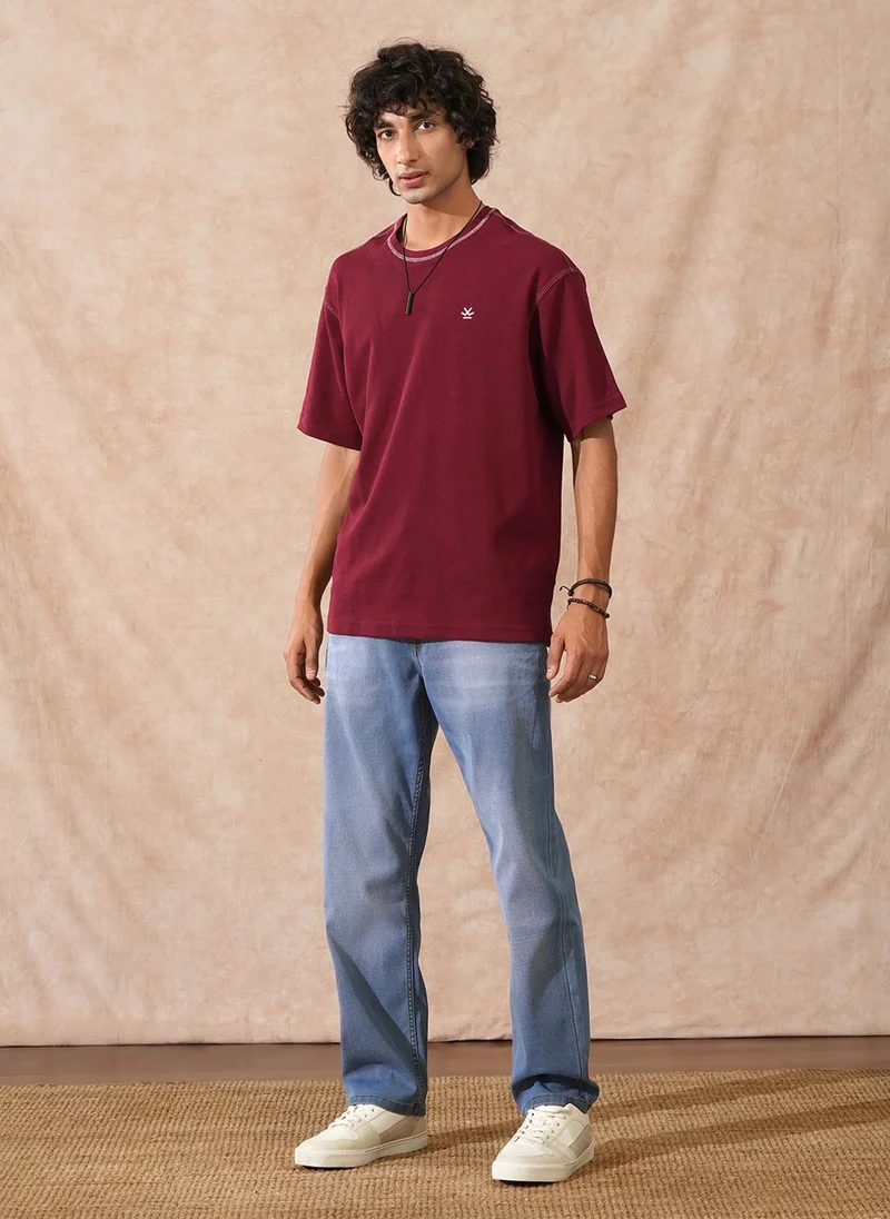 Wrogn Textured Waffle Knit T-Shirt | Maroon