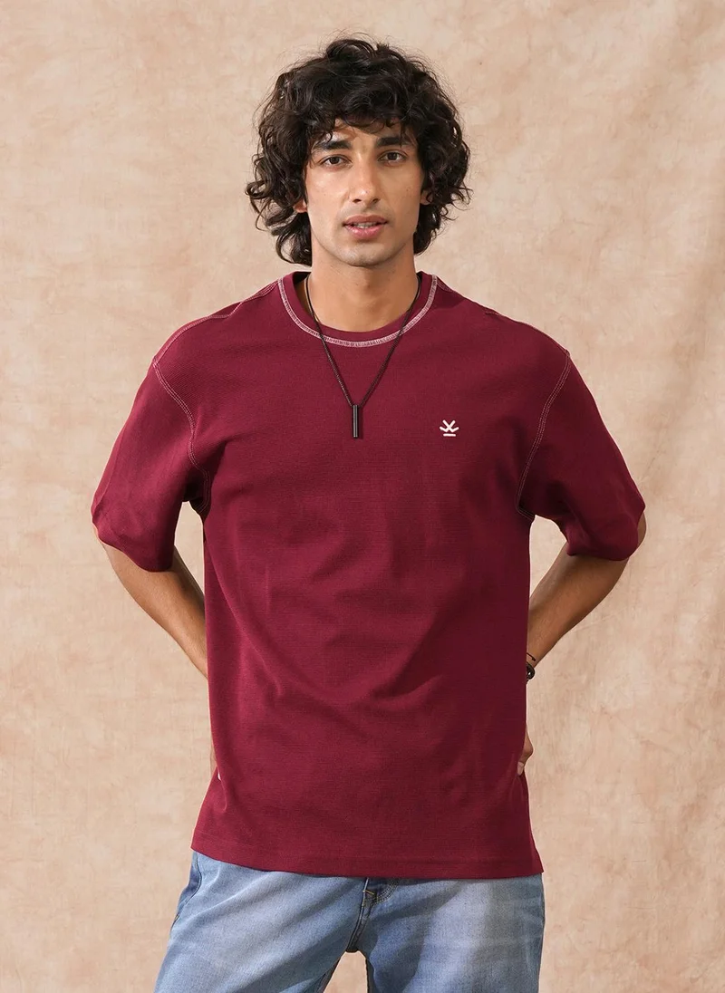 Wrogn Textured Waffle Knit T-Shirt | Maroon