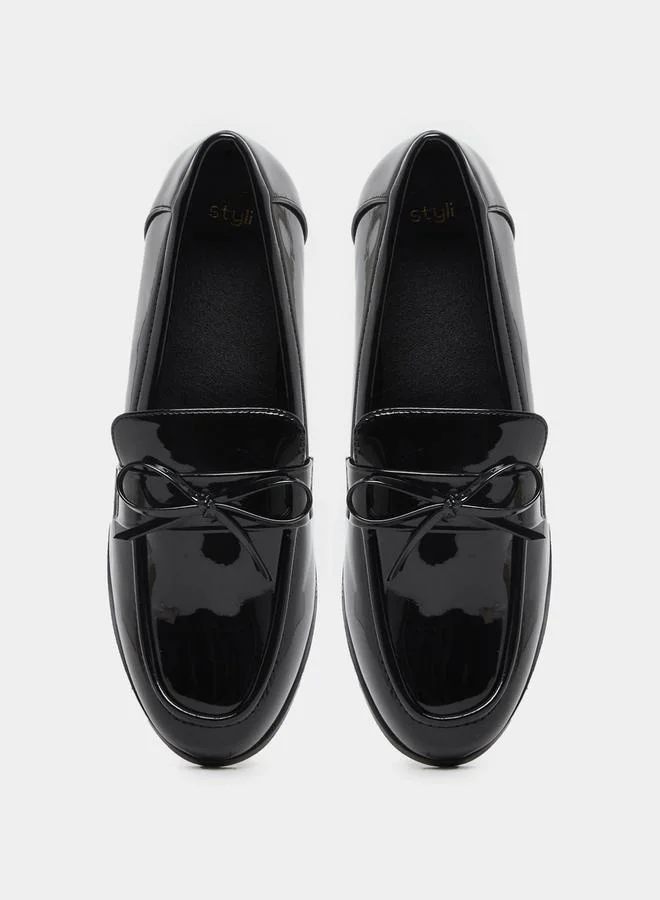Styli Styli Leather Look Slip-On Loafers with Bowknot Detail