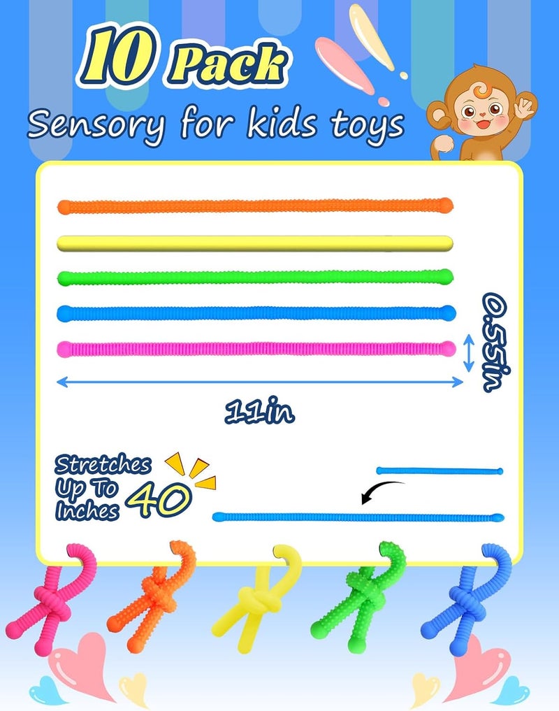 Diltik 10 Pack Monkey Noodle Fidget Toys – Colorful Stretchy Sensory Strings for Kids with Autism, ADHD, Anxiety – Durable Sensory Toys in Gift Box for Boys & Girls, Travel & Classroom Use - Granular - Image 5
