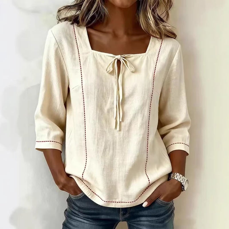 2026 Summer Loose Casual Printed Tie Square Neck Blouse for Women - Image 1