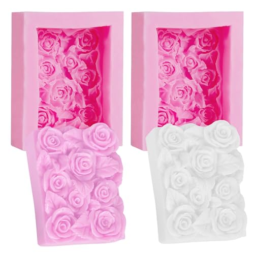 OBTANIM 2 Pcs Silicone Square Rose Flower Fondant Molds Handmade Chocolate Candy Moulds for DIY Craft Art Soap Candle Making Cake Decoration - Image 1