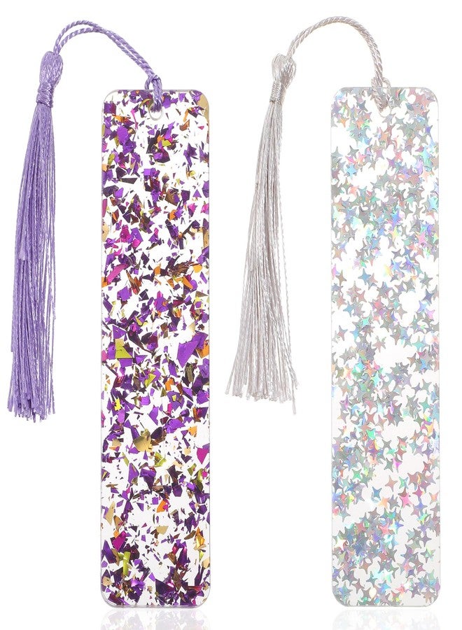Alrhso 2Pcs Glitter Bookmarks Acrylic Bookmarks for Women Purple Silver Book Marks Bling Iridescent Bookmark with Tassel Resin Book Marks for Reading Presents - Image 1