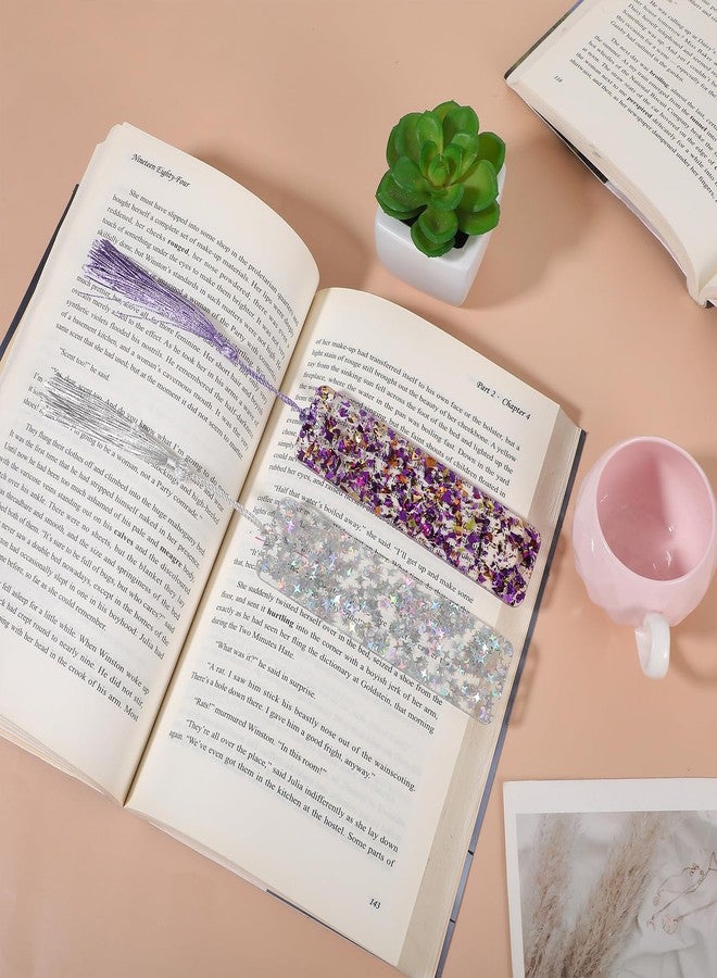 Alrhso 2Pcs Glitter Bookmarks Acrylic Bookmarks for Women Purple Silver Book Marks Bling Iridescent Bookmark with Tassel Resin Book Marks for Reading Presents - Image 5