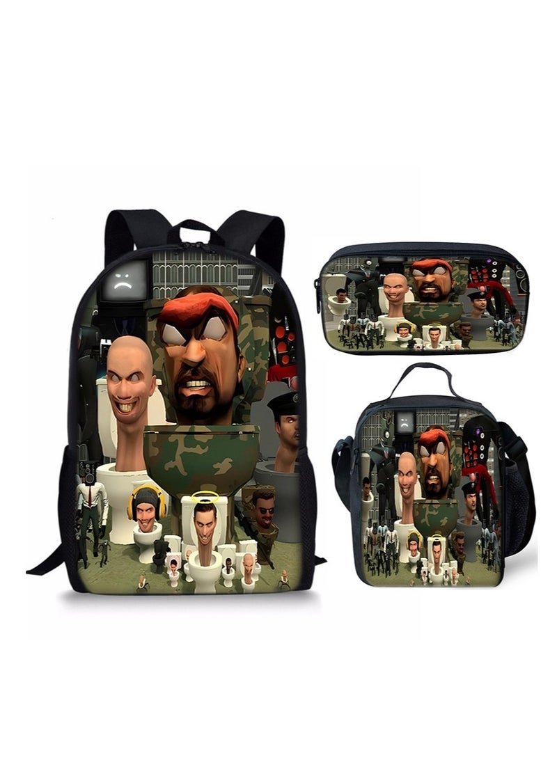 3 Piece Skibidi Toilet 3D Print Insulated Lunch Backpack Set Multicolour