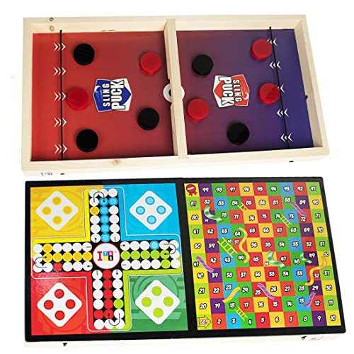 Wembley Games for Boys 10 Years String Hockey Fastest Finger Board Game Fast Sling Puck Snake Ladder and Ludo 3 in 1 Parent Children Family Indoor Games for Kids Wooden - BIS Approved - Image 1