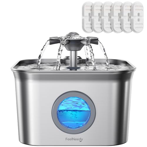 FEELNEEDY Stainless Steel Cat Water Fountain, 2.8L with 20dB Ultra-Quiet Pump- Ideal for Timid Pets, LED Water Level Window, Dishwasher Safe, 24/7 Circulation- Includes 6 Replacement Filters - Image 1