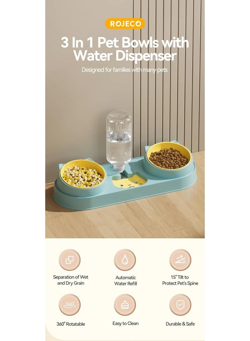 Automatic Cat Dog Bowl with Water Fountain - Double Bowl for Drinking and Food - Pet Bowl Holder (Blue) - Image 2