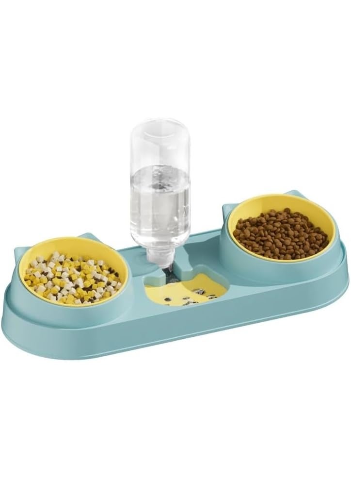 Automatic Cat Dog Bowl with Water Fountain - Double Bowl for Drinking and Food - Pet Bowl Holder (Blue) - Image 1