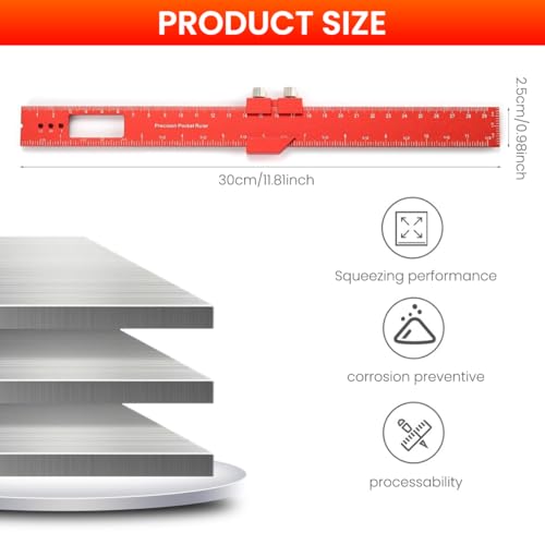 Serplex® Woodworking Ruler Straight 300mm/11 inch Red Aluminum Alloy Ruler with Sliding 45 ° Angle Guides Etched Scale Design Multifunctional Straight Ruler for DIY Craft, Woodwork, Construction - Image 2