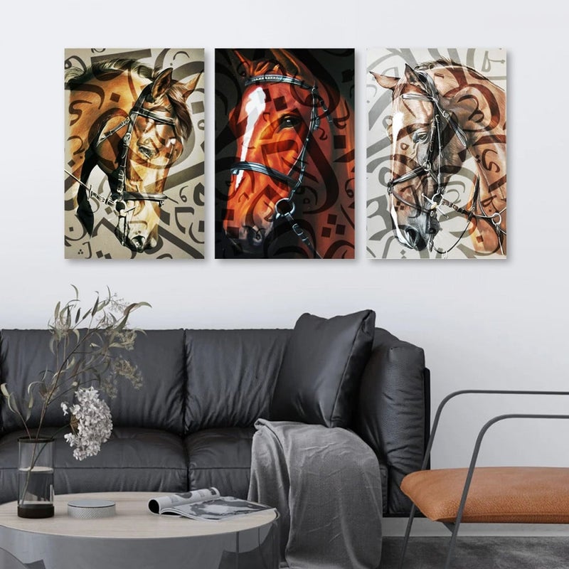 Marktna Three canvas paintings with a horse design and a hollow frame, measuring (150×70), three pieces - Image 1