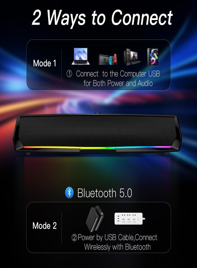 لينرو مكبرات صوت للكمبيوتر المكتبي، مكبرات صوت للألعاب مع إضاءة ملونة، مكبر صوت USB مع بلوتوث لأجهزة الكمبيوتر والشاشات وأجهزة الكمبيوتر المحمولة والأجهزة اللوحية، مكبر صوت بلوتوث سلكي للهواتف (محول من النوع C مرفق) - Image 3