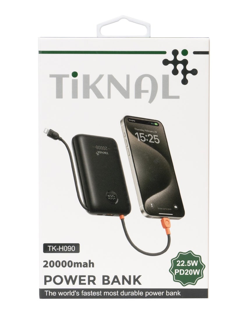 TIKNAL 20000mAh power bank with 22.5W fast charging, equipped with built-in USB-C and Lightning cables for convenient charging of all your devices, black color. - Image 2