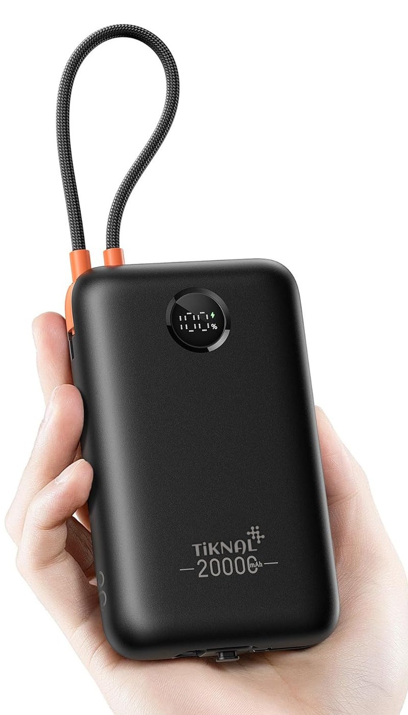 TIKNAL 20000mAh power bank with 22.5W fast charging, equipped with built-in USB-C and Lightning cables for convenient charging of all your devices, black color. - Image 1