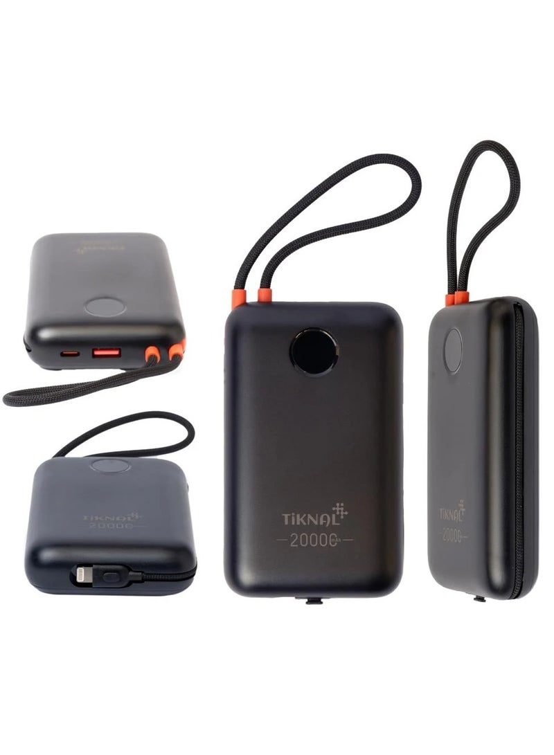 TIKNAL 20000mAh power bank with 22.5W fast charging, equipped with built-in USB-C and Lightning cables for convenient charging of all your devices, black color. - Image 5