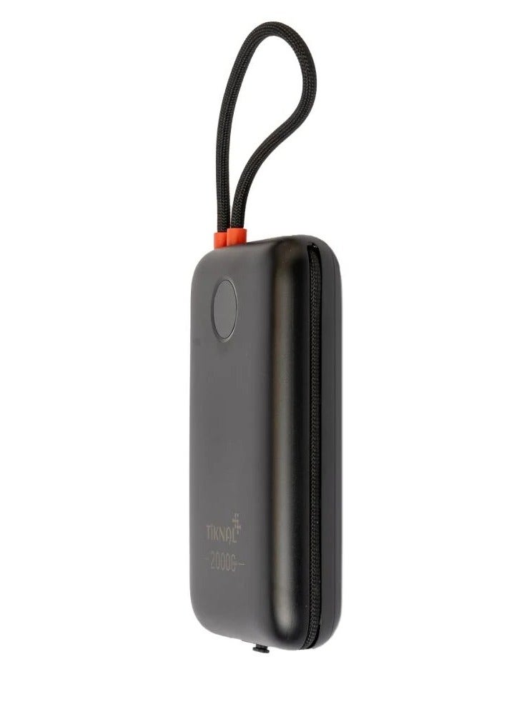 TIKNAL 20000mAh power bank with 22.5W fast charging, equipped with built-in USB-C and Lightning cables for convenient charging of all your devices, black color. - Image 3