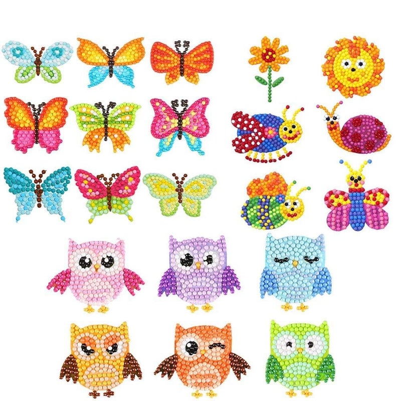 MATSON 21Pcs 5D Diamond Painting Stickers Kits for Kids Creatiee DIY Art Craft Animal Butterfly Painting with Diamonds Diamonds by Numbers Art Craft Cute Owl Butterfly Bee Flower