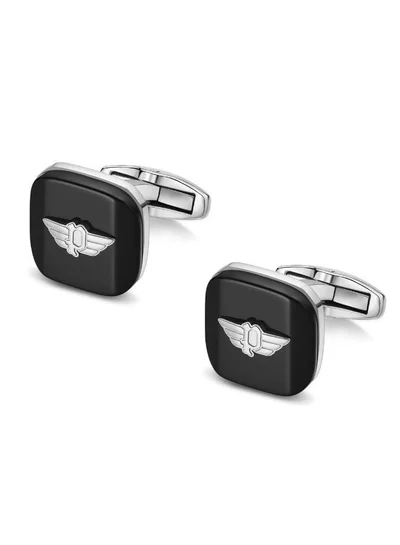 POLICE Square Cufflinks For Men Silver and Black with Inlay P wing Logo